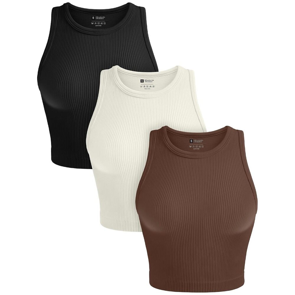 Womens 3 Pack Crop Tank Tops Basic Seamless Ribbed Round High Neck